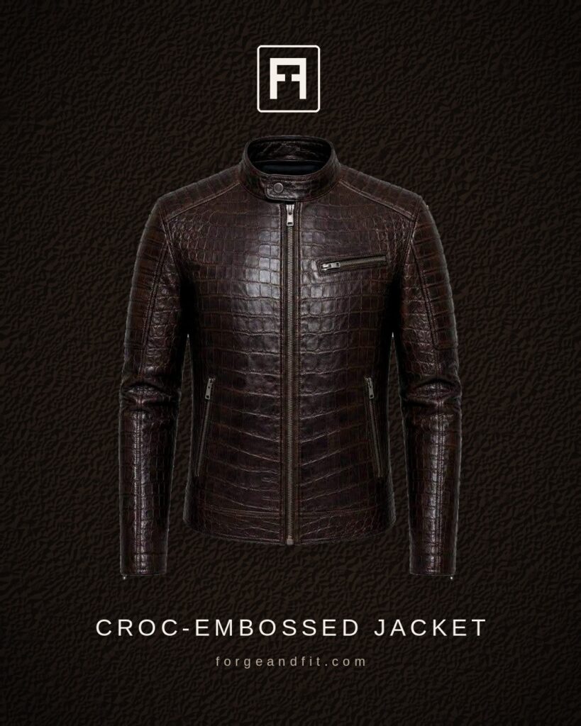 Croc-Embossed Leather Jacket — Zip Cuffs & Stand Collar
