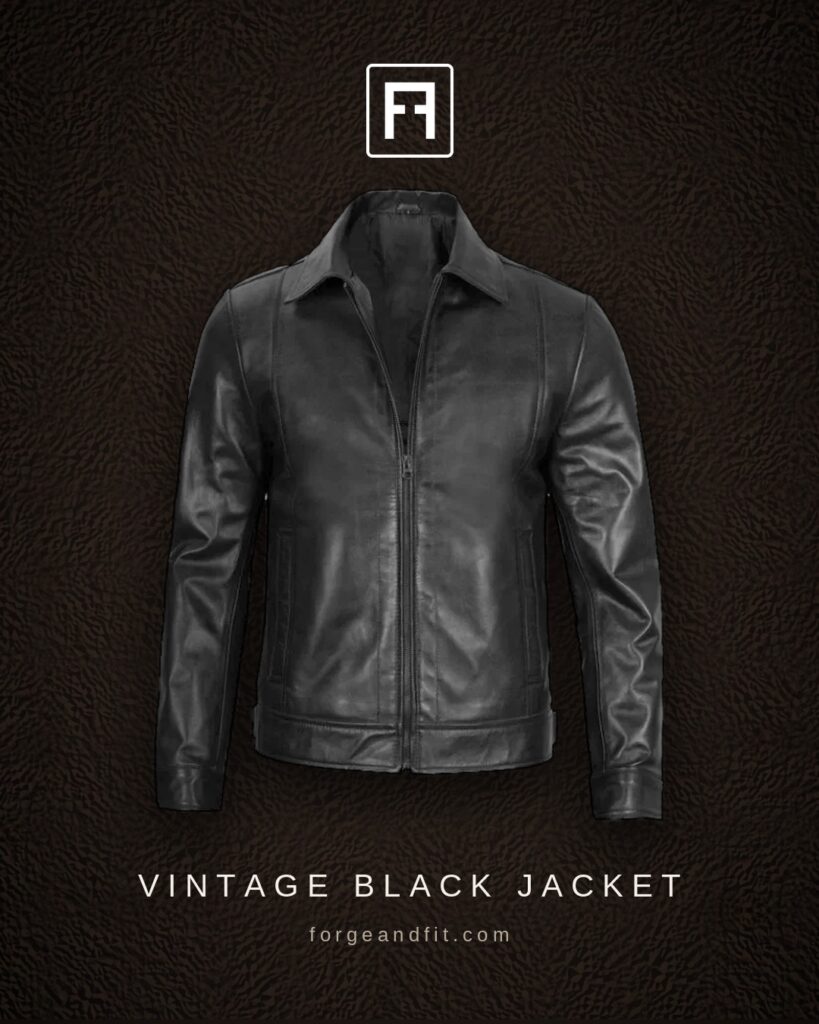 Black Leather Shirt-Collar Jacket for Men — Vintage Finish