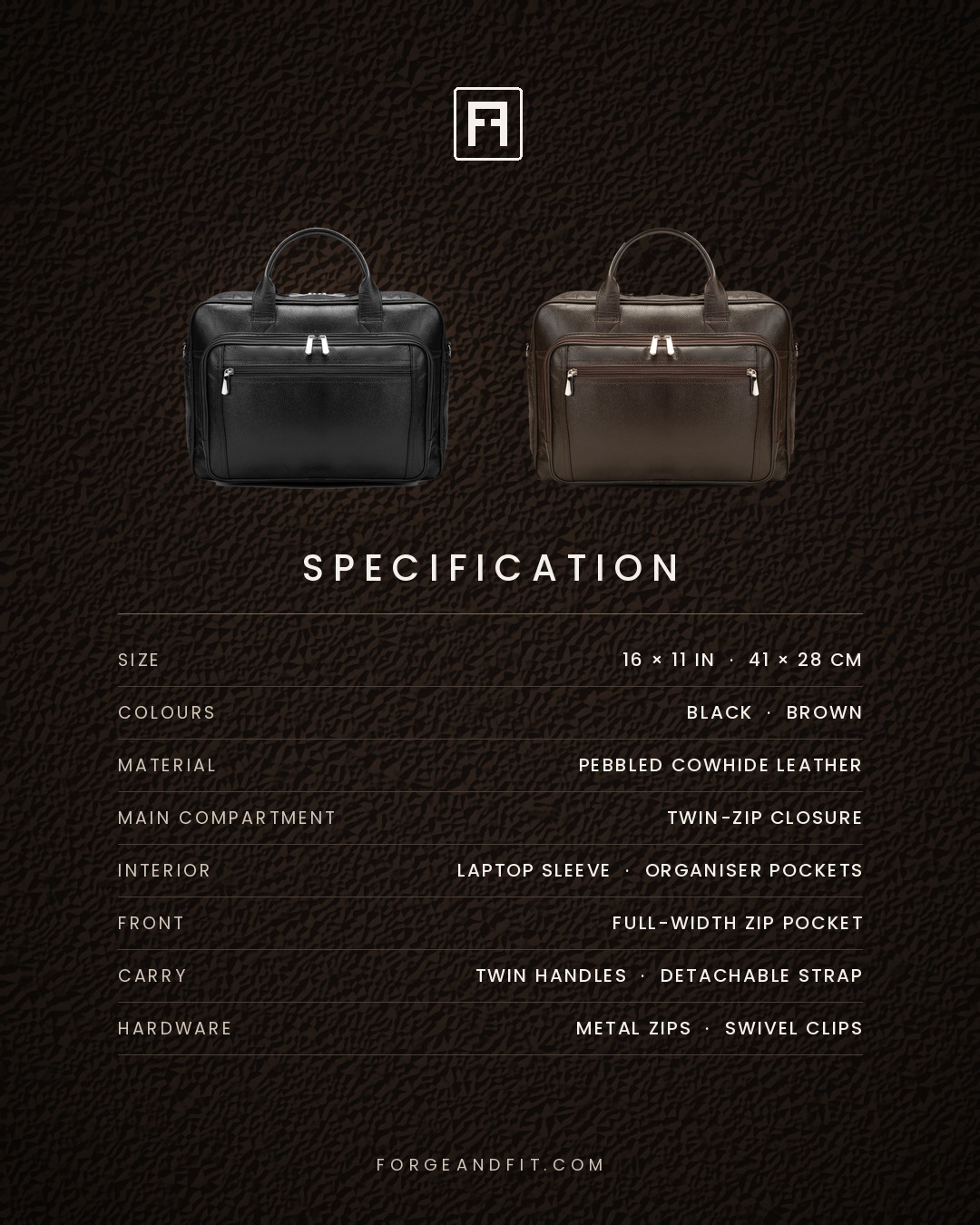 Unisex Leather Work Briefcase, Twin-Zip Main Compartment - Image 7